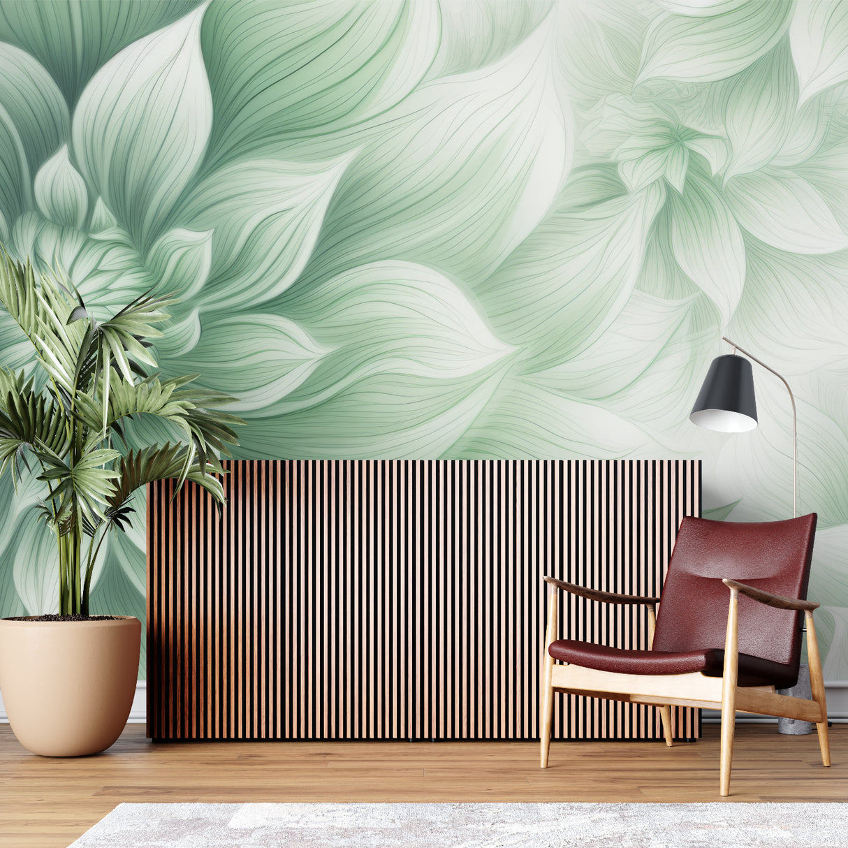 Abstract green leaf pattern enhancing dining room wall design