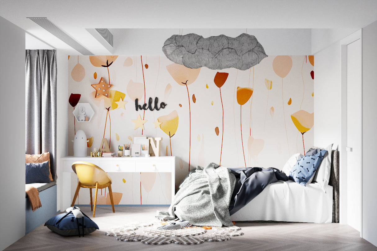 Home office space with calming floral wall mural in terracotta and beige shades