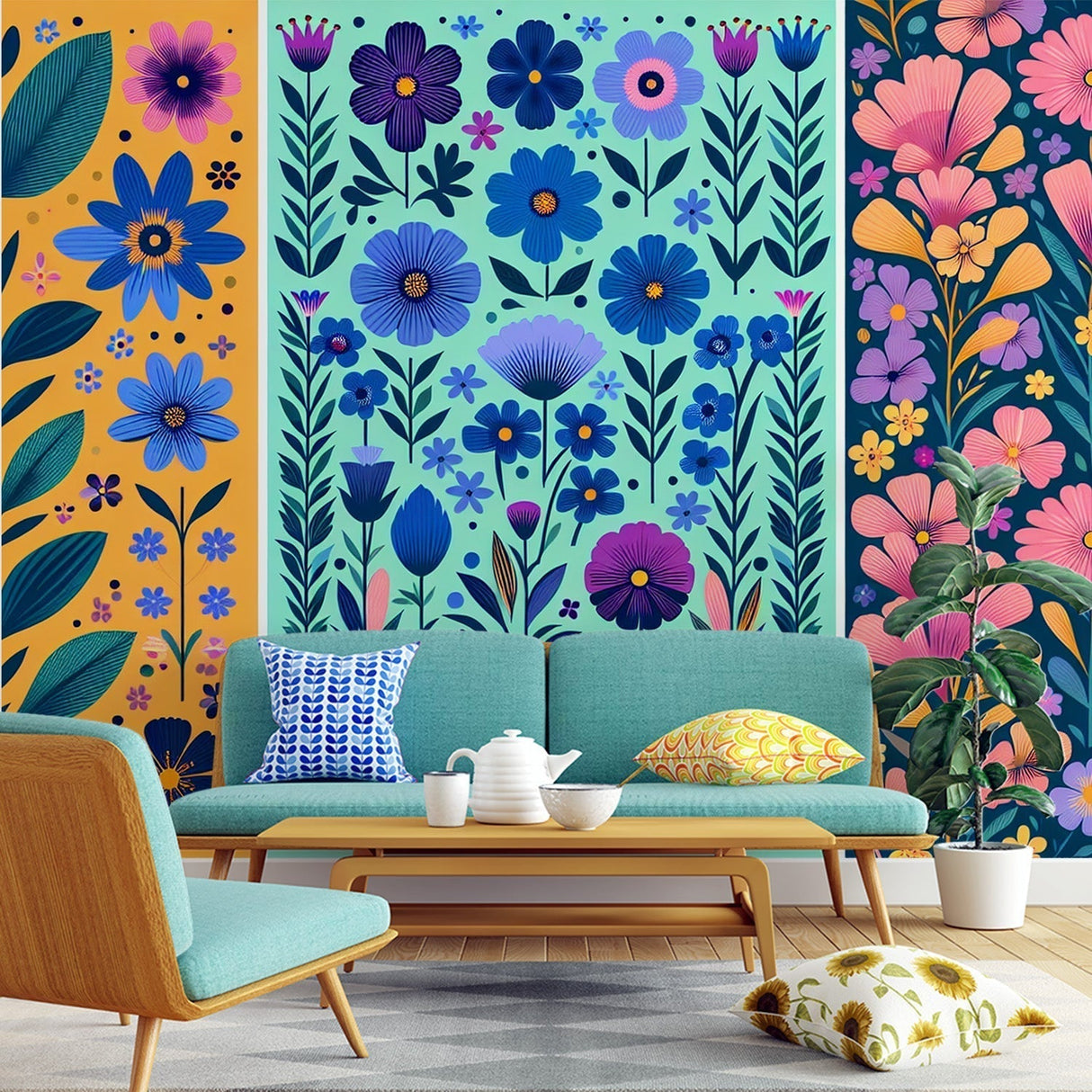 Art deco floral mural wallpaper showcased in a modern living room, highlighting the triptych's golden and cobalt color scheme