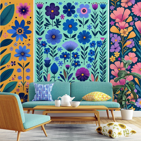 Art deco floral mural wallpaper showcased in a modern living room, highlighting the triptych's golden and cobalt color scheme