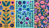 Art deco botanical wallpaper design file showing full triptych pattern with detailed flowers and geometric elements