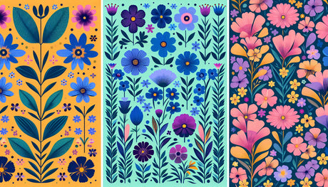 Art deco botanical wallpaper design file showing full triptych pattern with detailed flowers and geometric elements