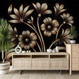Black and gold art deco floral wallpaper creating luxury atmosphere in modern dining room with pendant lighting