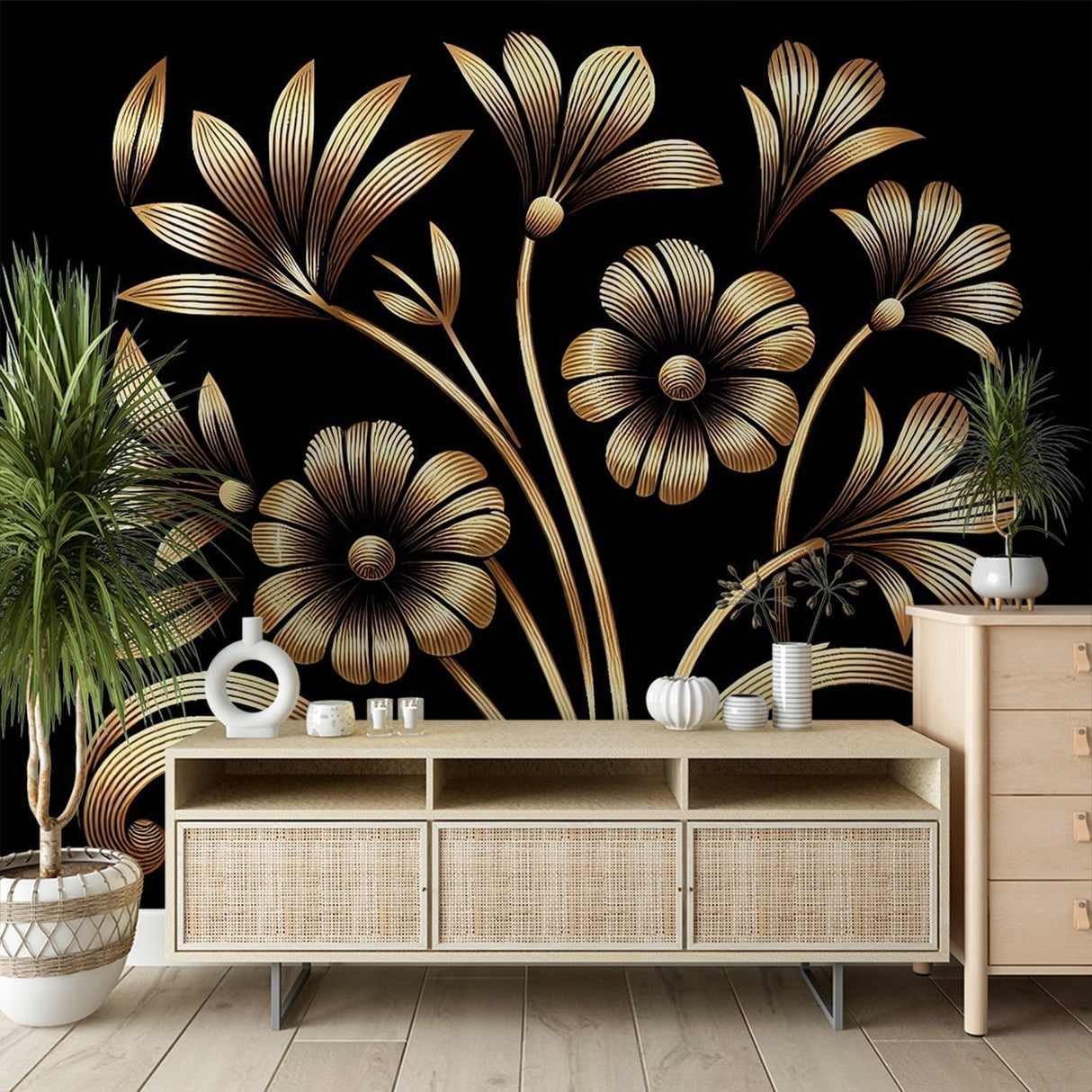 Black and gold art deco floral wallpaper creating luxury atmosphere in modern dining room with pendant lighting