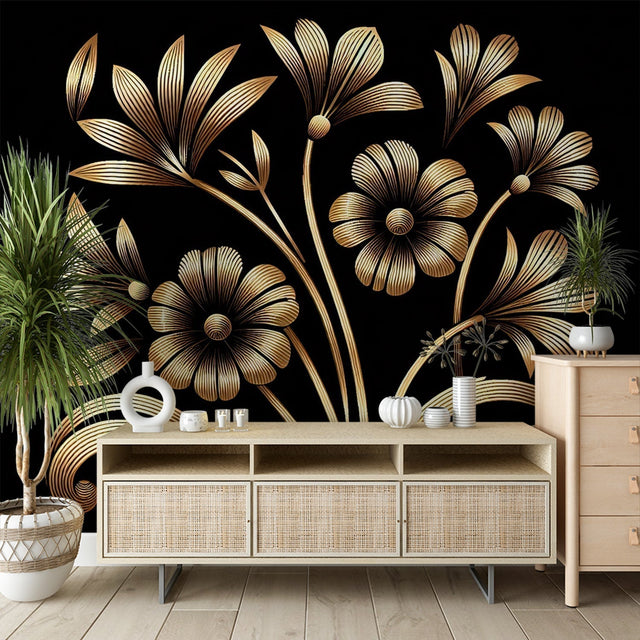 Black and gold art deco floral wallpaper creating luxury atmosphere in modern dining room with pendant lighting