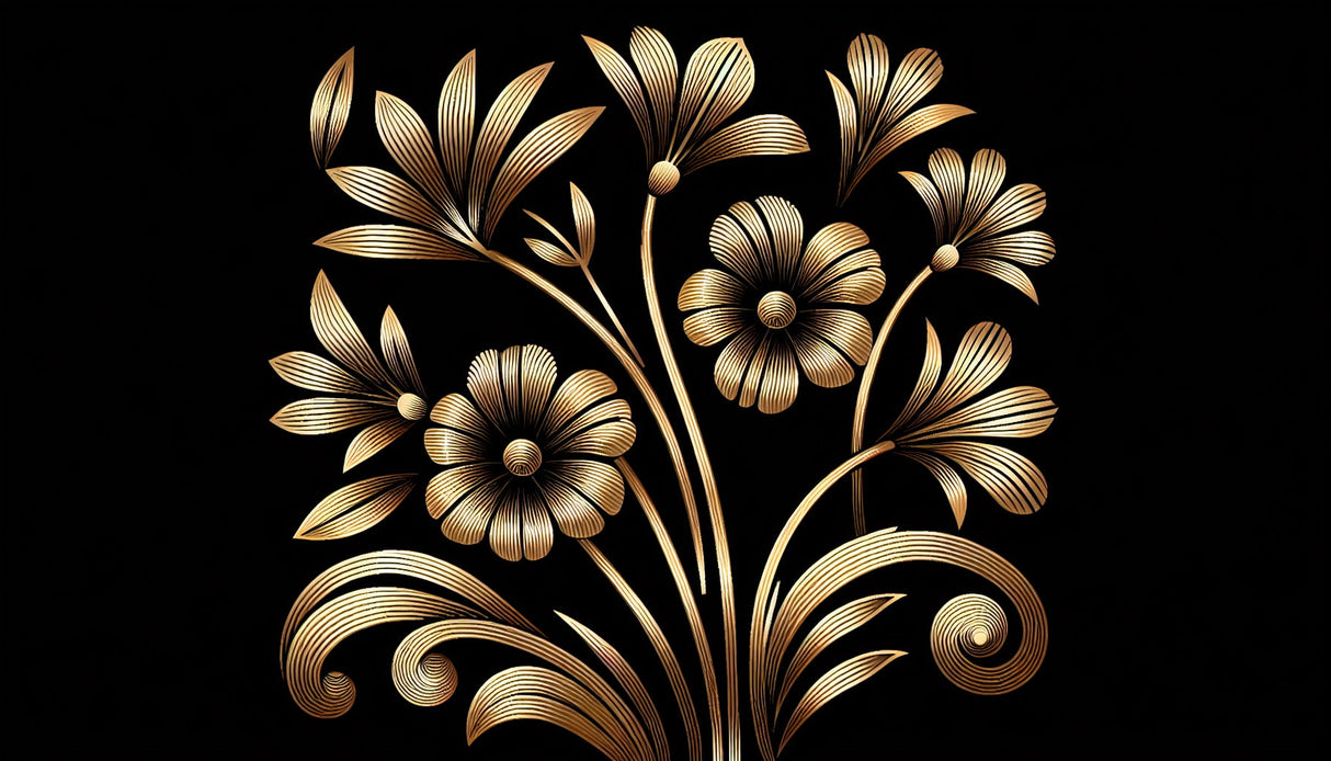 Art deco floral pattern design file showing detailed gold blooms on black background