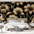 Luxurious Art Deco floral wallpaper in black and gold creating drama in an elegant dining room with crystal chandelier