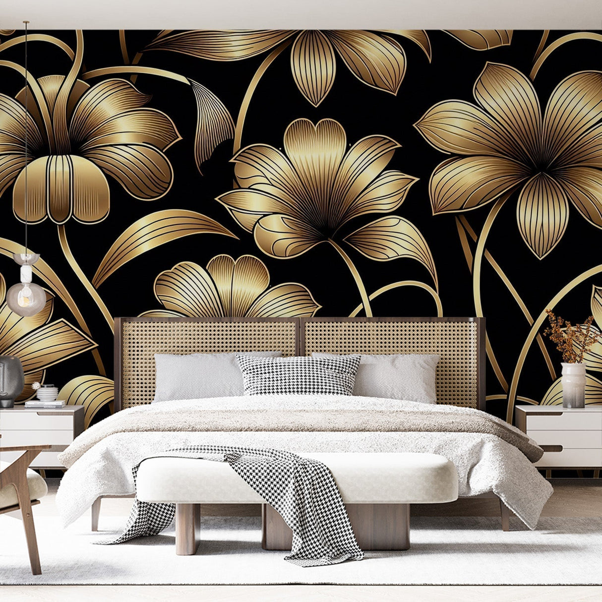Luxurious Art Deco floral wallpaper in black and gold creating drama in an elegant dining room with crystal chandelier