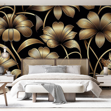 Luxurious Art Deco floral wallpaper in black and gold creating drama in an elegant dining room with crystal chandelier
