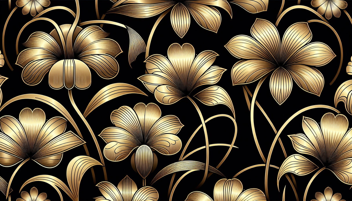 Black and gold Art Deco floral wallpaper design file showing intricate metallic pattern details