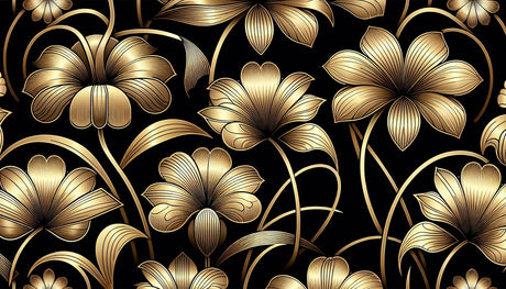 Black and gold Art Deco floral wallpaper design file showing intricate metallic pattern details