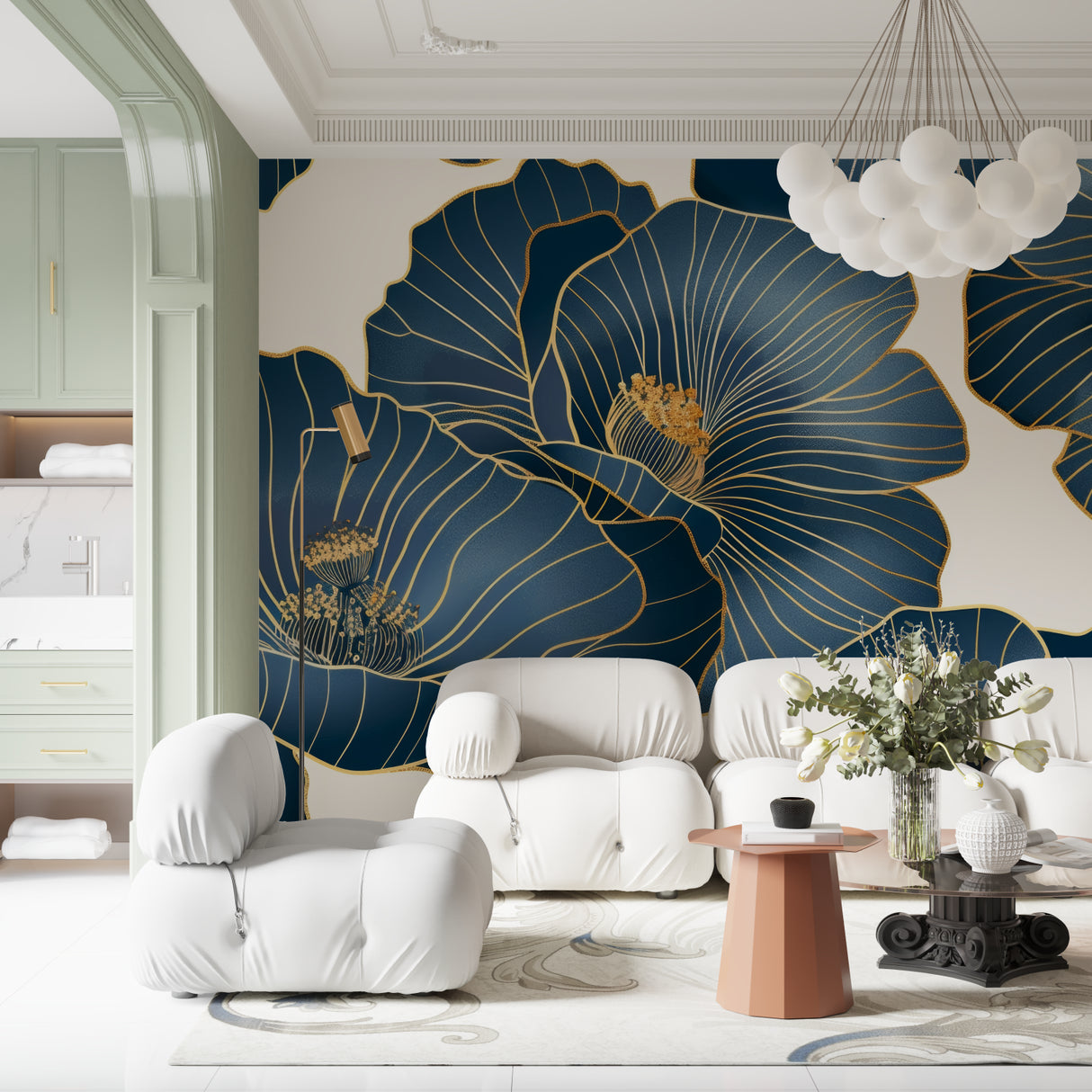 Art deco navy and gold wallpaper in home office with brass accents