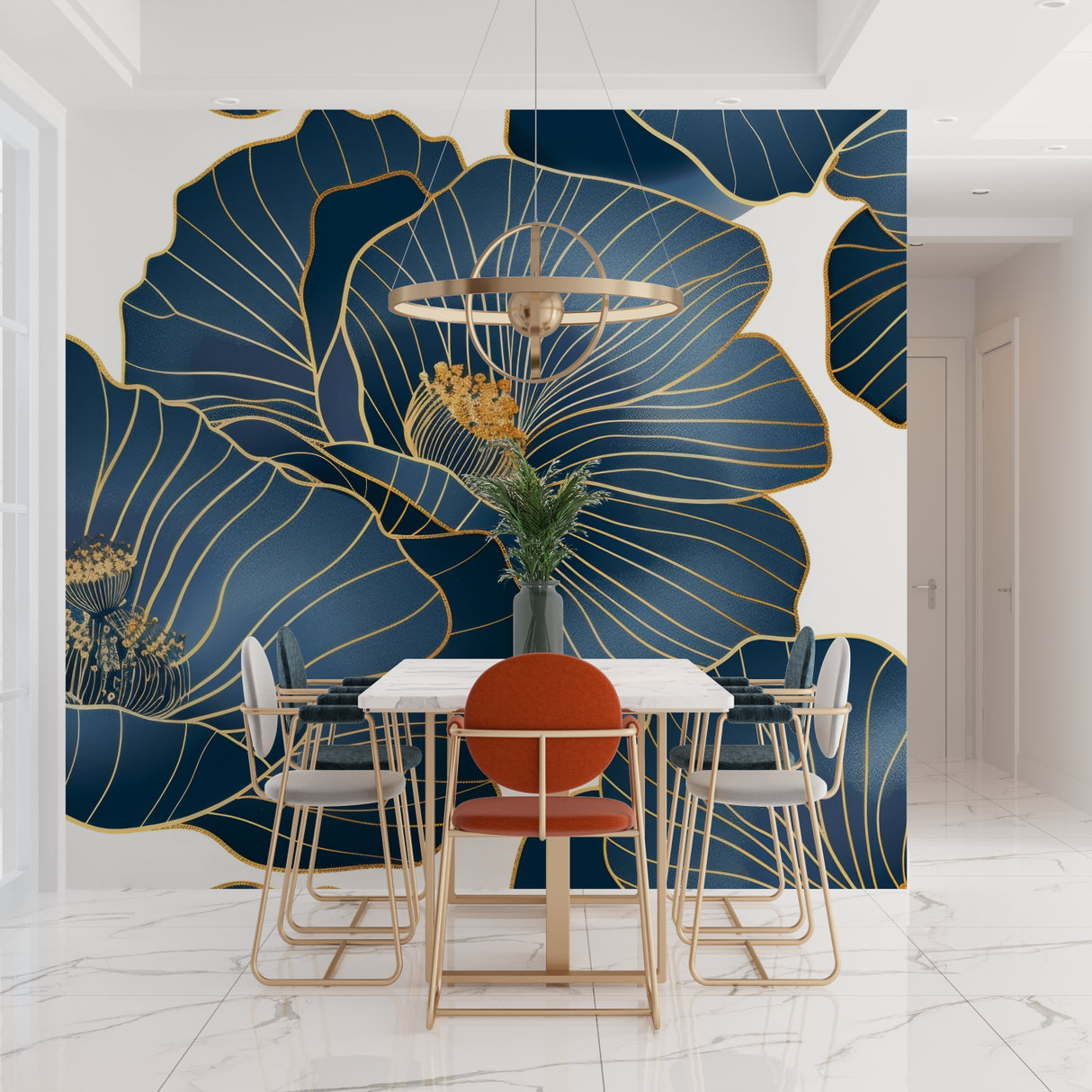 Dramatic floral art deco wallpaper in entrance hallway with pendant lighting