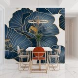 Dramatic floral art deco wallpaper in entrance hallway with pendant lighting