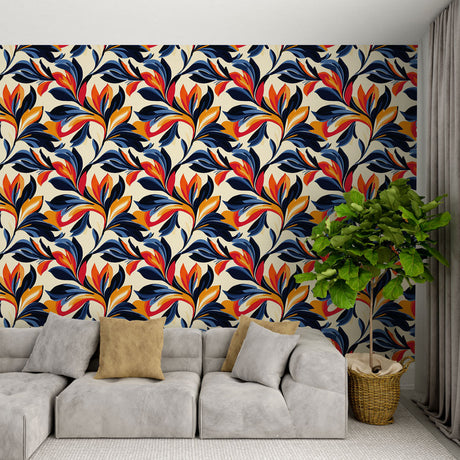 Art Deco floral wallpaper in navy and orange creating a stunning focal point in a modern living room with mid-century furniture