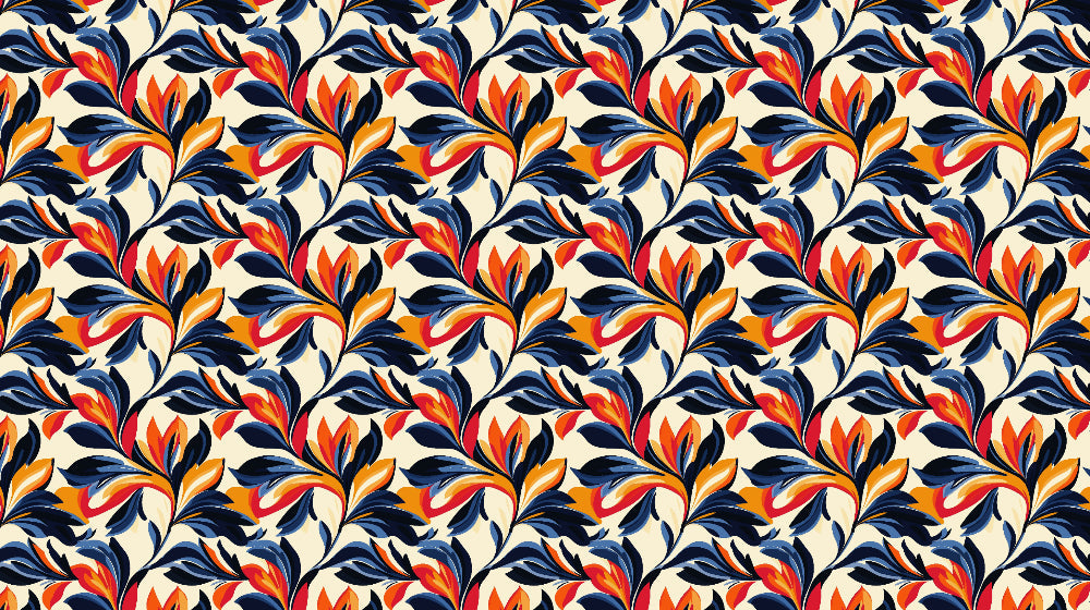 Navy and orange Art Deco floral pattern design file showing detailed botanical motifs and rich color contrast