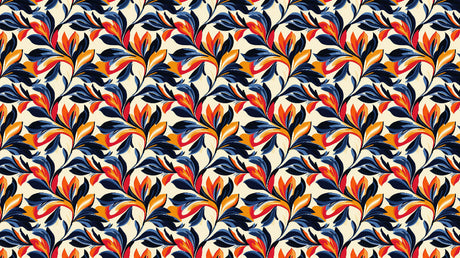 Navy and orange Art Deco floral pattern design file showing detailed botanical motifs and rich color contrast