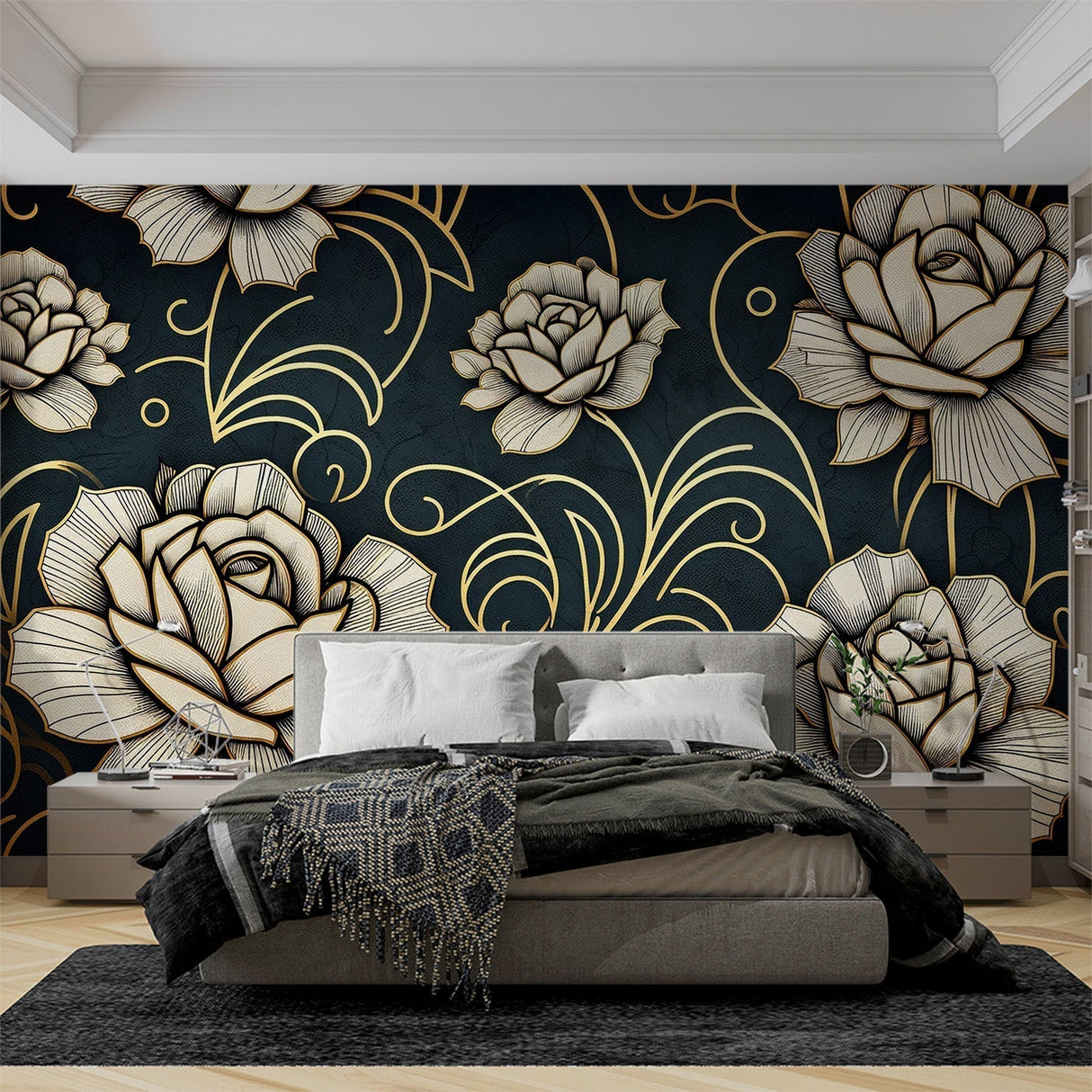 Art Deco floral wallpaper with gold and white roses creating drama in a modern dining room with navy accents