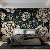 Art Deco floral wallpaper with gold and white roses creating drama in a modern dining room with navy accents