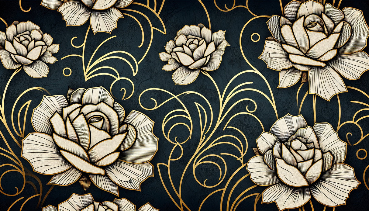 Art Deco rose pattern design file showing detailed gold line work and white blooms on navy background