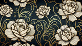 Art Deco rose pattern design file showing detailed gold line work and white blooms on navy background