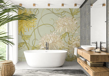 Art Nouveau floral wallpaper creating an elegant atmosphere in a modern living room with natural light