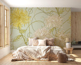 Botanical wall mural enhancing an entryway with its sage green and golden details