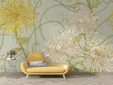 Chrysanthemum pattern wallpaper transforming a powder room into an elegant space