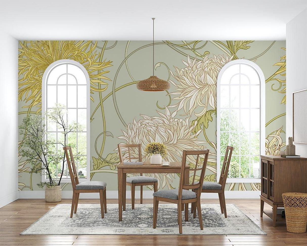 Art nouveau floral mural adding sophistication to a master bedroom suite