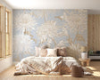 Art Nouveau Chrysanthemum wallpaper in modern living room showing soft blue and white floral pattern