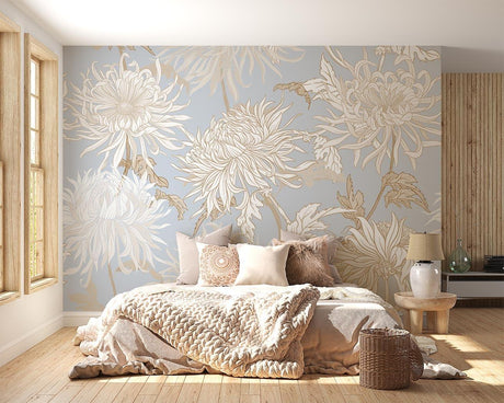 Art Nouveau Chrysanthemum wallpaper in modern living room showing soft blue and white floral pattern