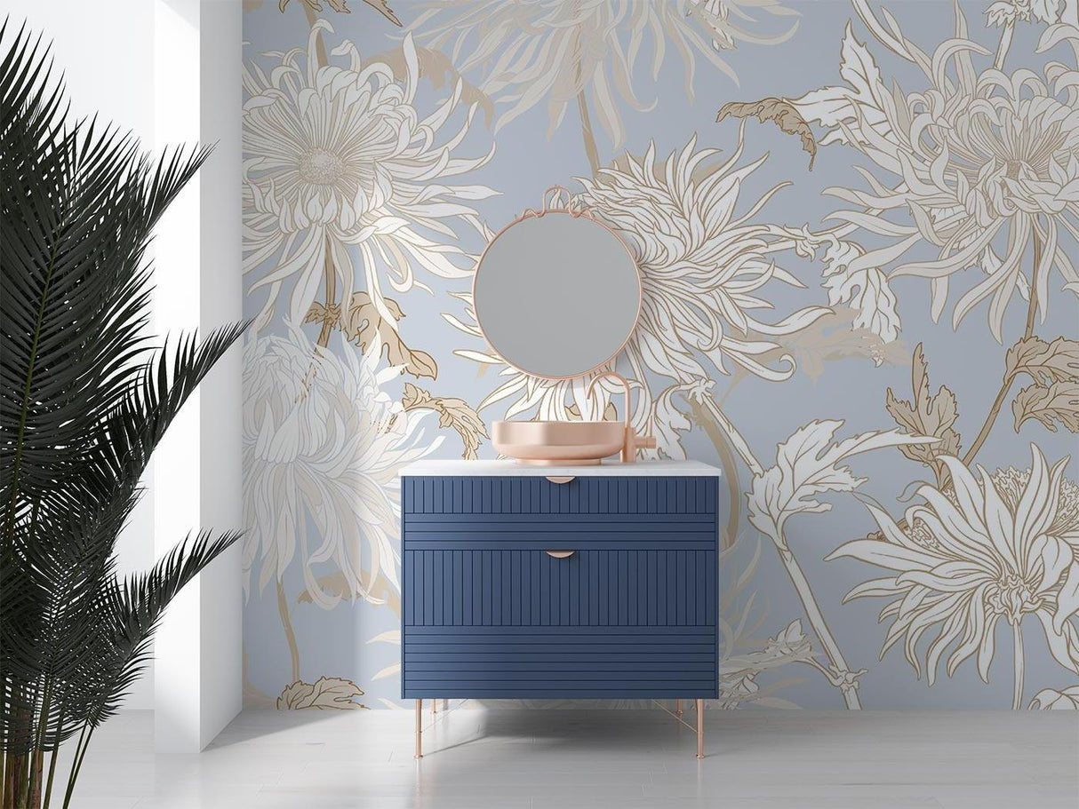 Elegant floral wall mural in master bedroom with Art Nouveau chrysanthemum design