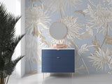 Elegant floral wall mural in master bedroom with Art Nouveau chrysanthemum design