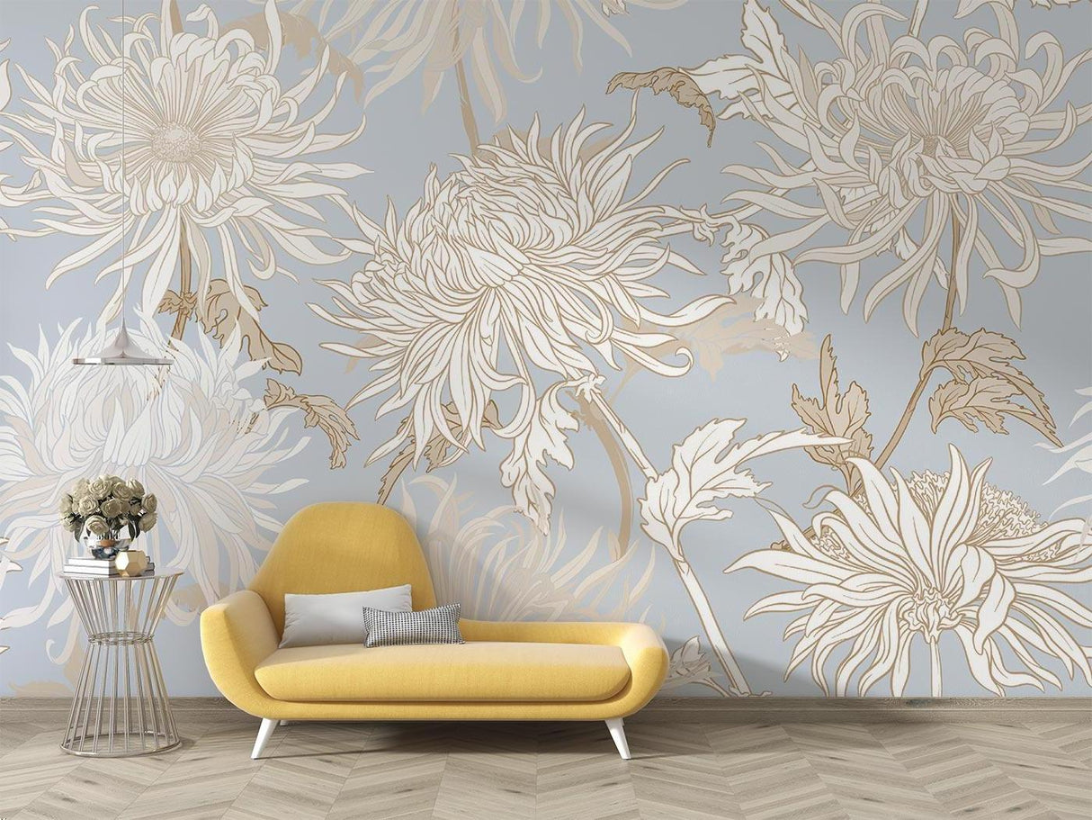 Chrysanthemum wall mural in home office showing detailed botanical pattern