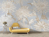 Chrysanthemum wall mural in home office showing detailed botanical pattern