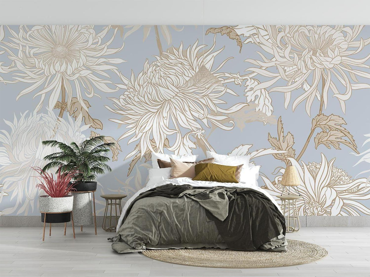 Art Nouveau wallpaper installation in powder room with soft lighting
