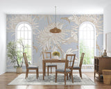 Botanical wall mural in entryway showcasing large-scale chrysanthemum blooms