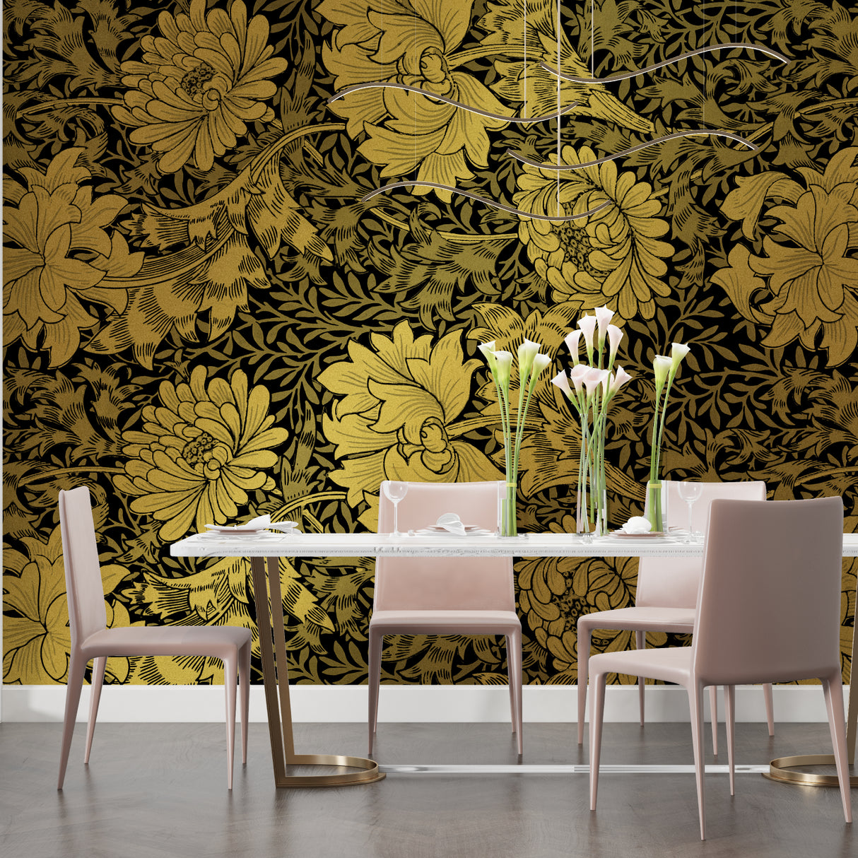 Luxury Art Nouveau floral wallpaper in gold and black creating drama in a modern dining room