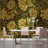 Luxury Art Nouveau floral wallpaper in gold and black creating drama in a modern dining room