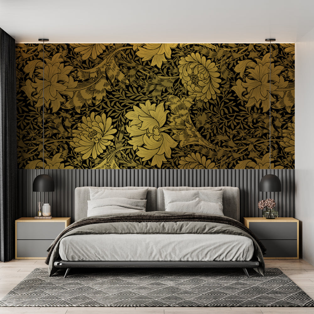 Black and gold floral wallpaper bringing luxury to a home office space