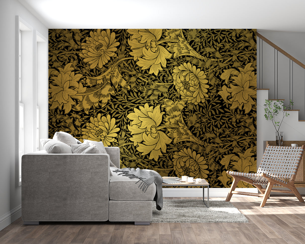 Art Nouveau pattern wallpaper creating atmosphere in boutique hotel lobby