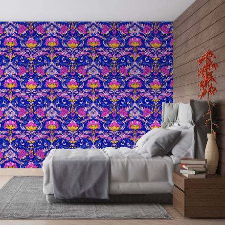Art Nouveau floral wallpaper creating an elegant atmosphere in a bright dining room with blue and pink tones
