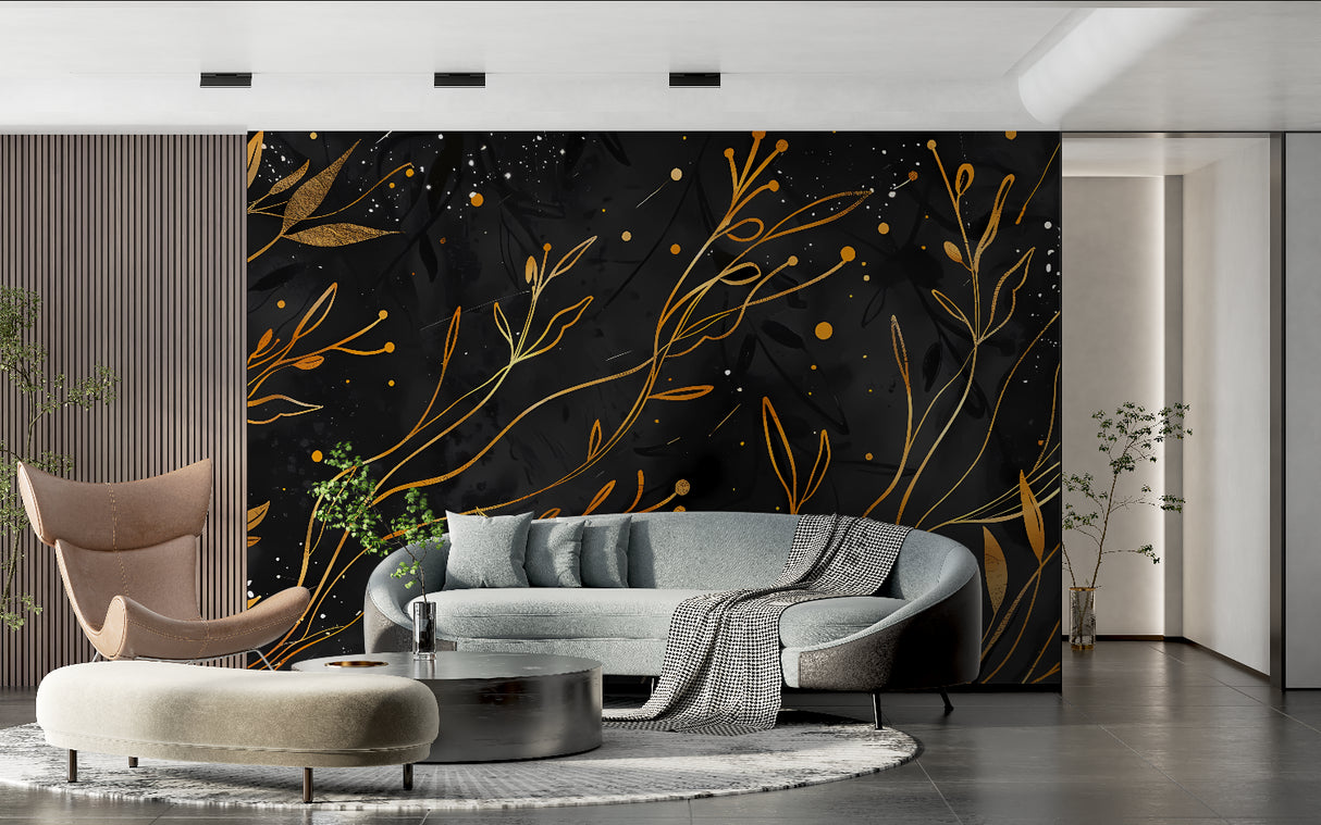 Black and gold floral wallpaper in modern dining room with crystal chandelier
