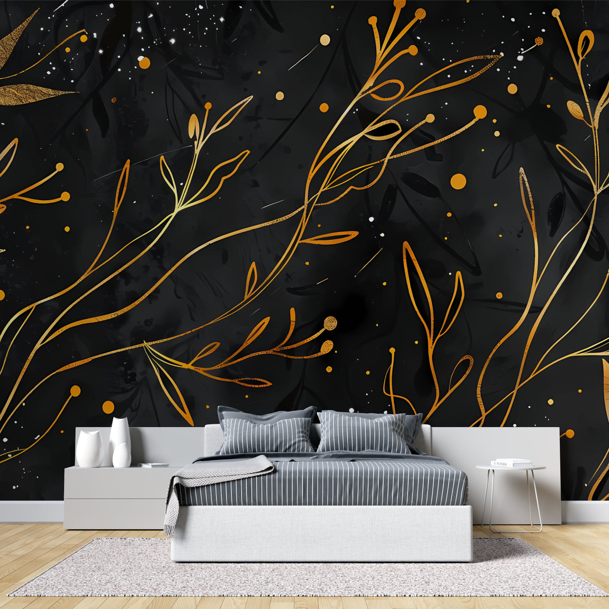 Art deco black and gold wallpaper creating luxury master bedroom accent wall