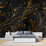 Art deco black and gold wallpaper creating luxury master bedroom accent wall