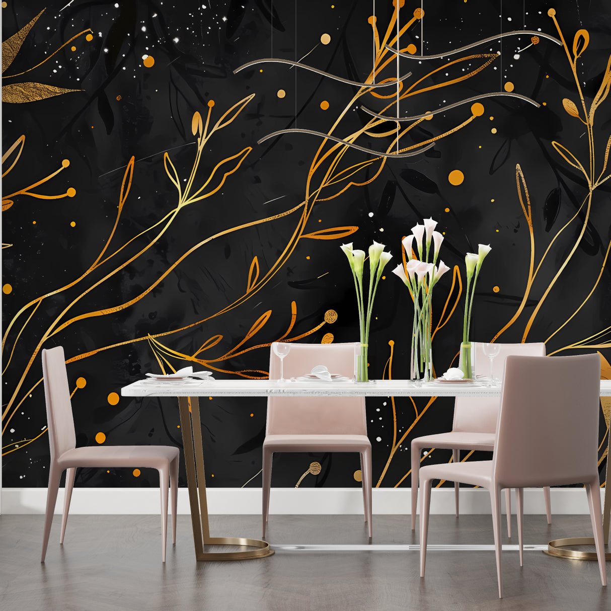 Elegant home office featuring black and gold floral art deco wallpaper