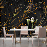 Elegant home office featuring black and gold floral art deco wallpaper
