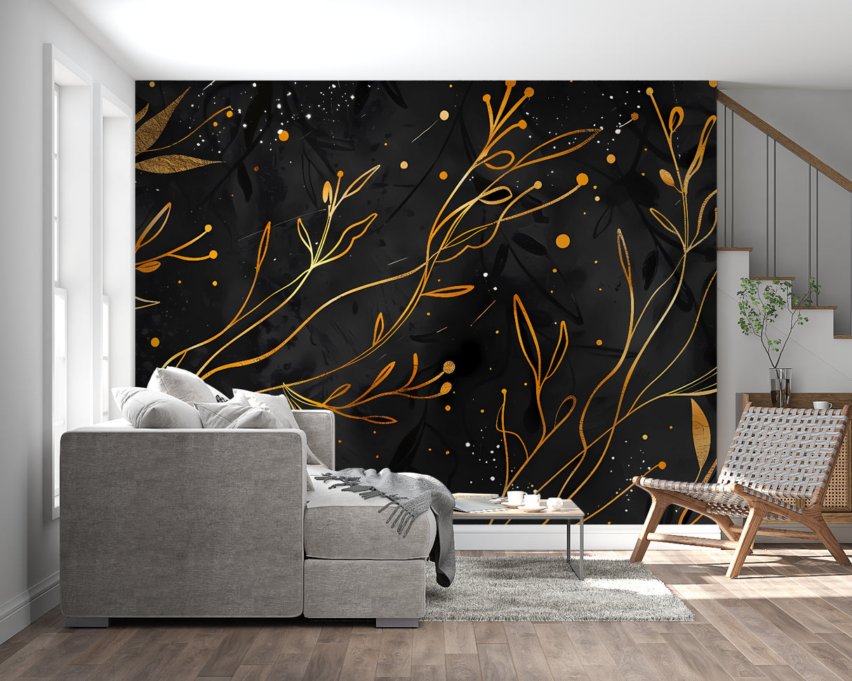 Black and gold botanical wallpaper in contemporary living room setting