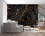 Black and gold botanical wallpaper in contemporary living room setting