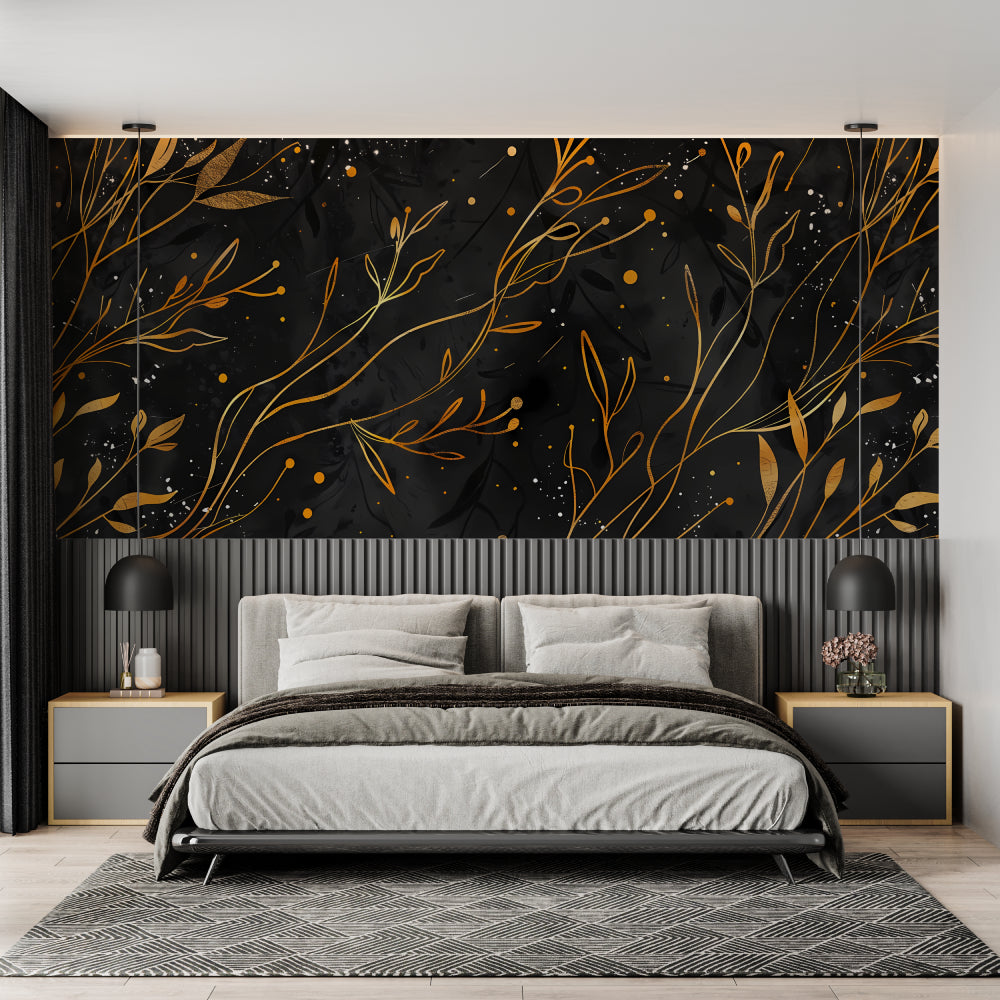 Art deco floral pattern on hallway walls with gold accents